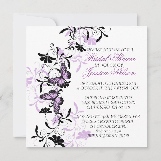 Elegant Floral Lavender Butterfly Bridal Shower Invitation (Front)