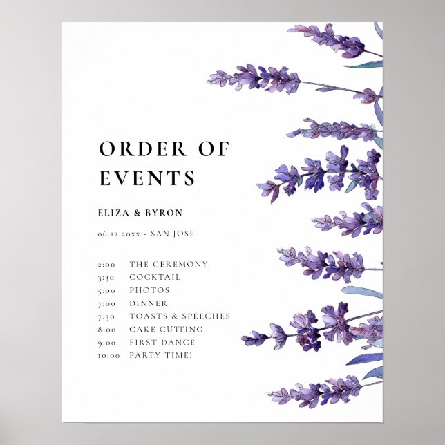 Elegant Floral Lavender Order of Events Poster (Front)