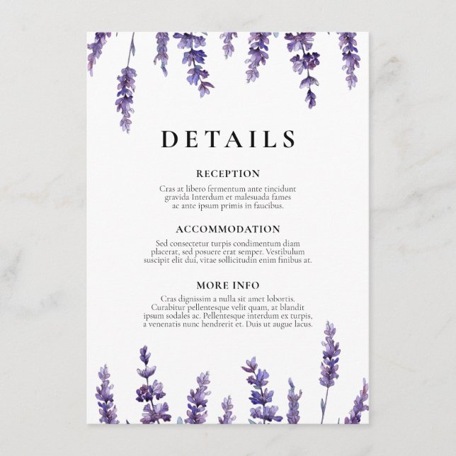 Elegant floral lavender wedding guest information enclosure card (Front)