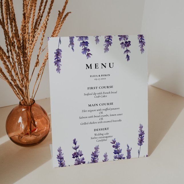 Elegant floral lavender wedding menu pedestal sign (Creator Uploaded)
