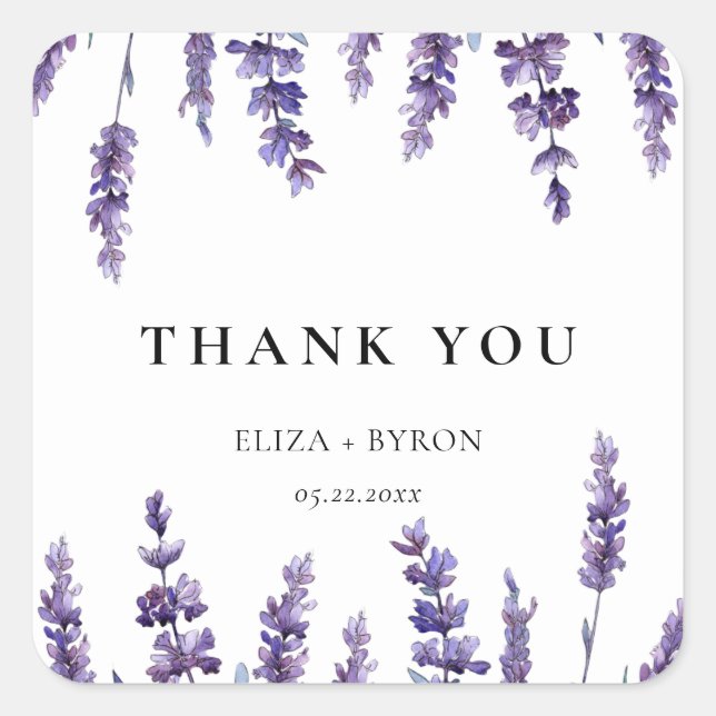 Elegant floral lavender wedding thank you square sticker (Front)