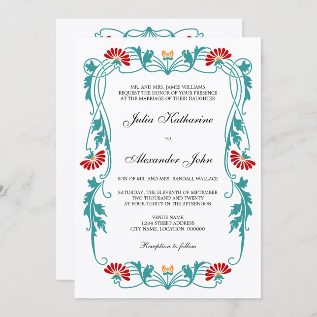 Elegant Floral Leaf and Swirls Invitation (Front/Back)
