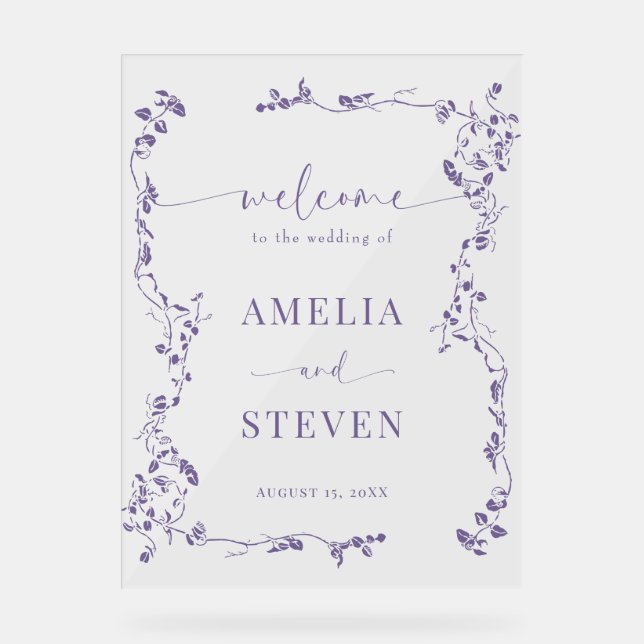 Elegant Floral Leaf Classic Wedding  Acrylic Sign (Front)
