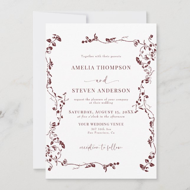 Elegant Floral Leaf Classic Wedding Invitation (Front)