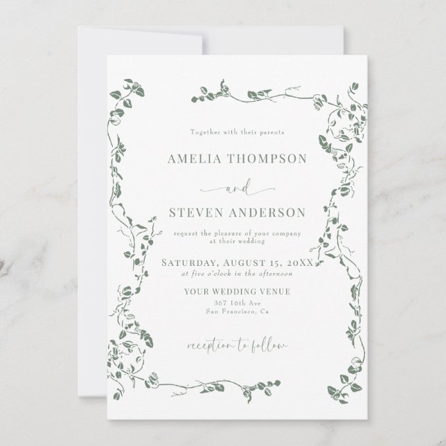 Elegant Floral Leaf Classic Wedding Invitation (Front)