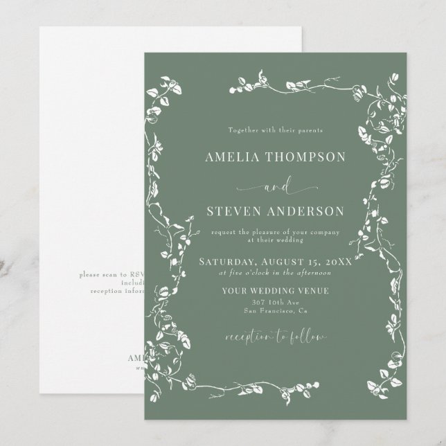 Elegant Floral Leaf Classic Wedding Invitation (Front/Back)