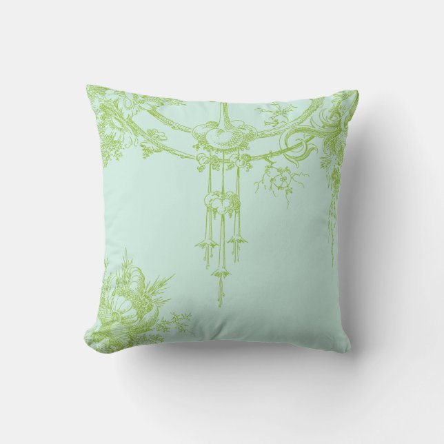 Elegant Floral, Leaf Green and Aqua Cushion (Front)