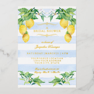 Elegant Floral Lemon Blue Gold Foil Bridal Shower