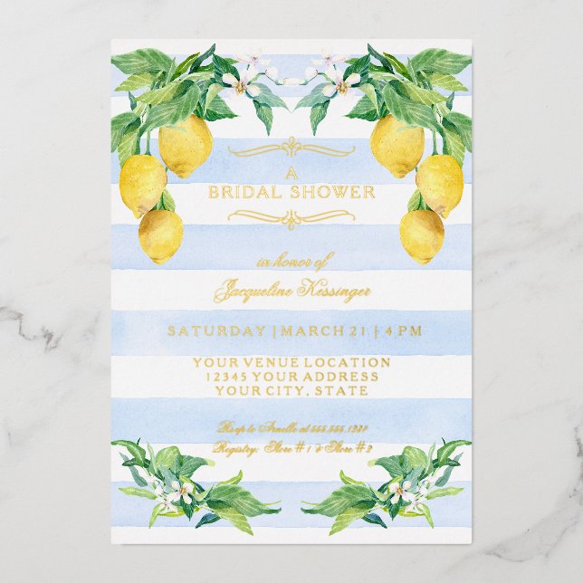 Elegant Floral Lemon Blue Gold Foil Bridal Shower (Front)