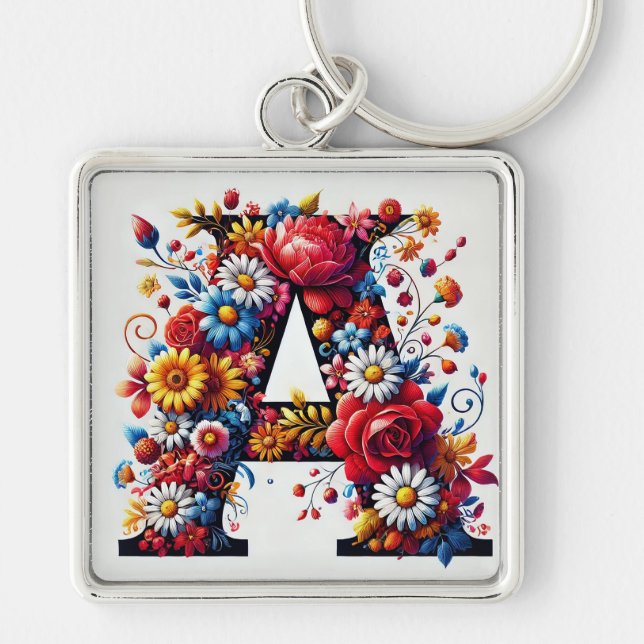 Elegant Floral Letter A Design Key Ring (Front)