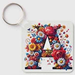Elegant Floral Letter A Design Key Ring