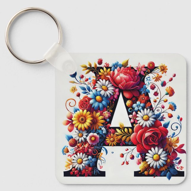 Elegant Floral Letter A Design Key Ring (Front)