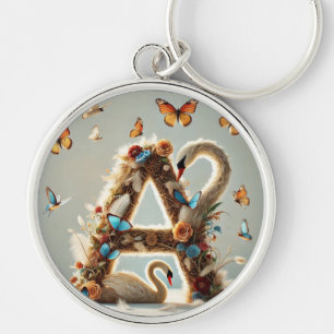 Elegant Floral Letter A Design with Swan Key Ring