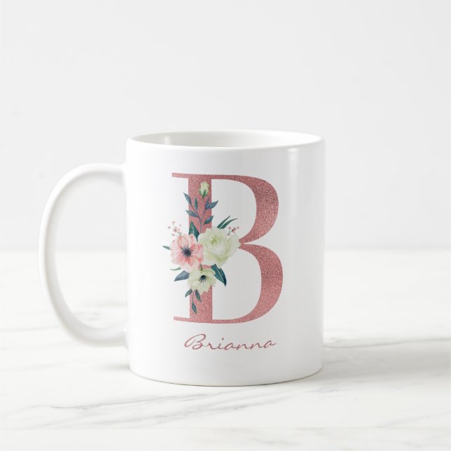 Elegant Floral Letter B Pink and Ivory Bouquet Coffee Mug (Left)