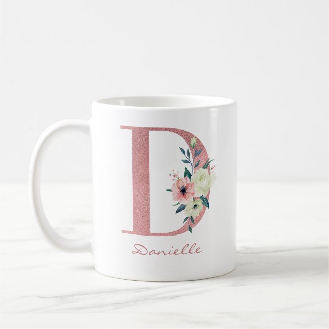 Elegant Floral Letter D Pink and Ivory Bouquet Coffee Mug (Left)