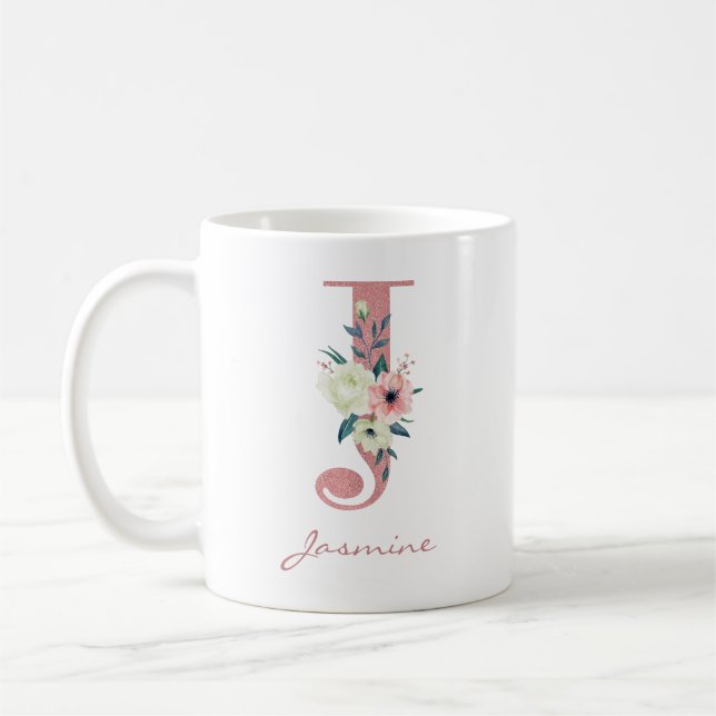 Elegant Floral Letter J Pink and Ivory Bouquet Coffee Mug (Left)