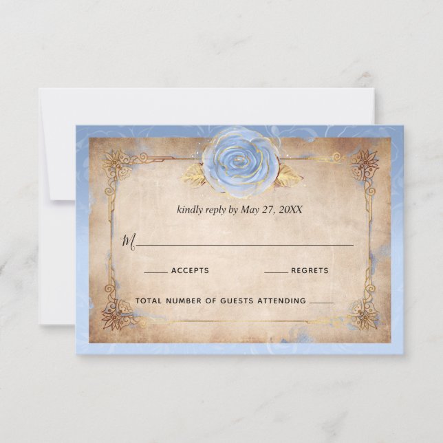 Elegant Floral Light Blue Rose Gold Rustic Wedding RSVP Card (Front)