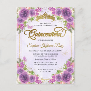 Elegant Floral Light Purple Gold Tiara Quinceañera Postcard