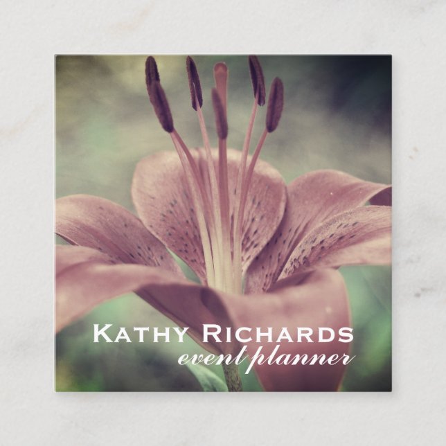 Elegant Floral Lily Event Planner Square Business Card (Front)