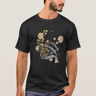 Elegant Floral Line Art Botanical Black T-Shirt