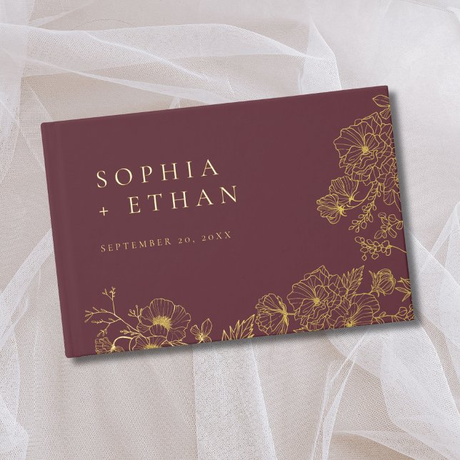 Elegant Floral Line Art Burgundy Wedding Foil Guest Book (Creator Uploaded)
