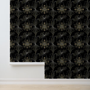 Elegant Floral Line Art on Black Background Wallpaper