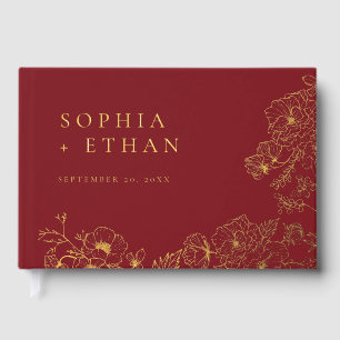 Elegant Floral Line Art Red Wedding Foil Guest Book