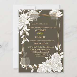 Elegant floral line art wedding invitation card
