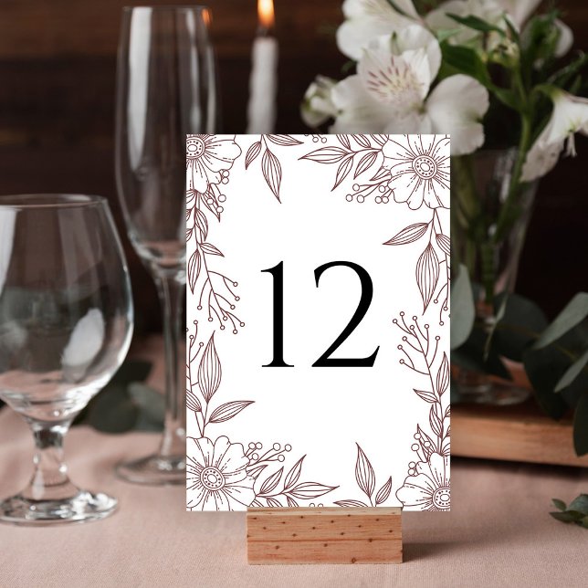 Elegant Floral Line Drawing Rust Red Wedding Table Number (Creator Uploaded)