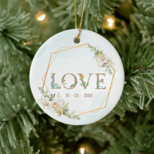 Elegant  Floral  Love Greenery Gold  Ceramic Ornament