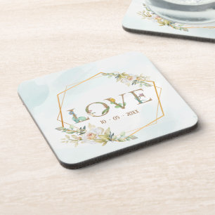 Elegant Floral Love Greenery Gold Coaster
