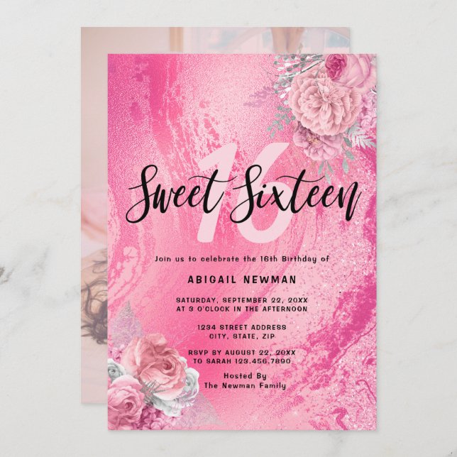 Elegant floral magenta pink glitter sweet sixteen invitation (Front/Back)