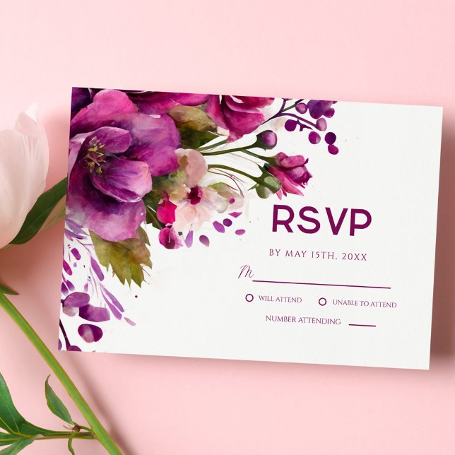Elegant Floral Magenta Pink Modern Wedding RSVP Card (Creator Uploaded)
