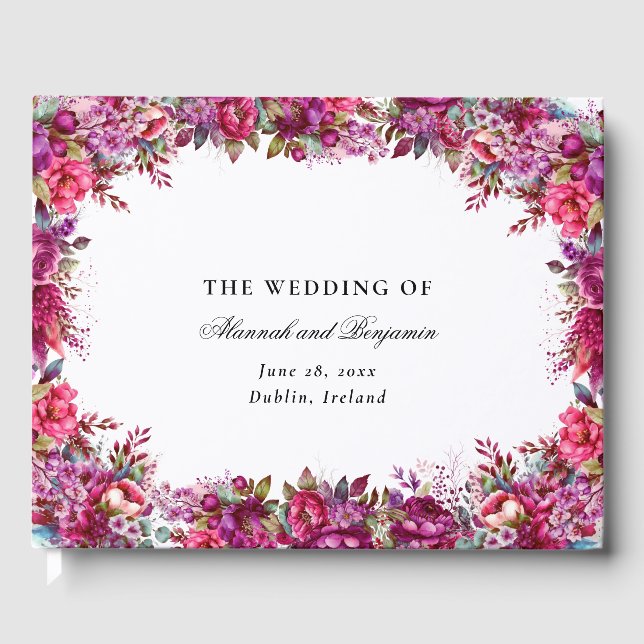 Elegant Floral Magenta Spring Wedding Guest Book (Front)