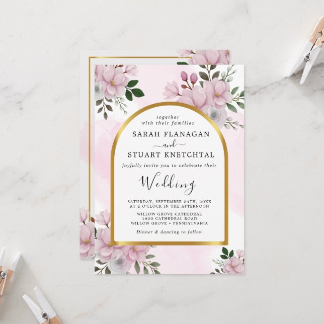 Elegant Floral Magnolia Arch Wedding  Invitation (Front/Back In Situ)