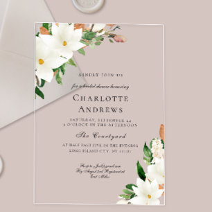 Elegant Floral Magnolia Bridal Shower Acrylic Invitations