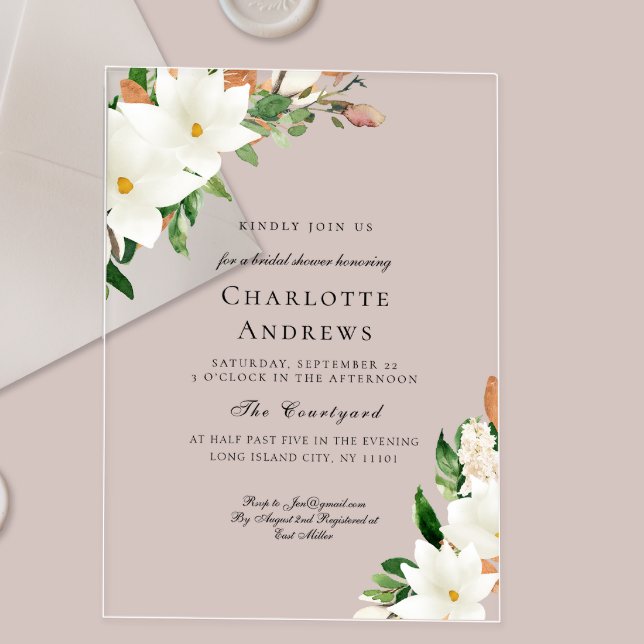 Elegant Floral Magnolia Bridal Shower  Acrylic Invitations (Elegant Floral Magnolia Bridal Shower Acrylic Invitations)