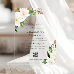 Elegant Floral Magnolia QR Code Bridal Shower Acrylic Invitations