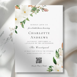 Elegant  Floral Magnolia QR Code Bridal Shower Invitation