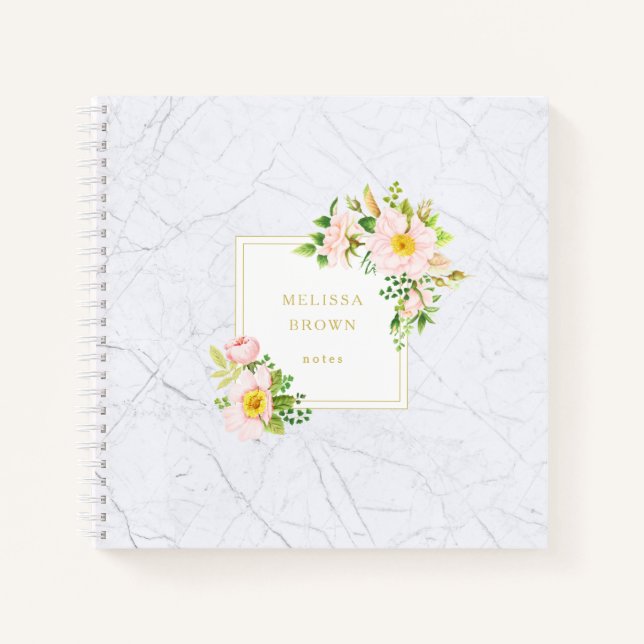 Elegant Floral Marble Chic Pastel Square Notebook (Front)