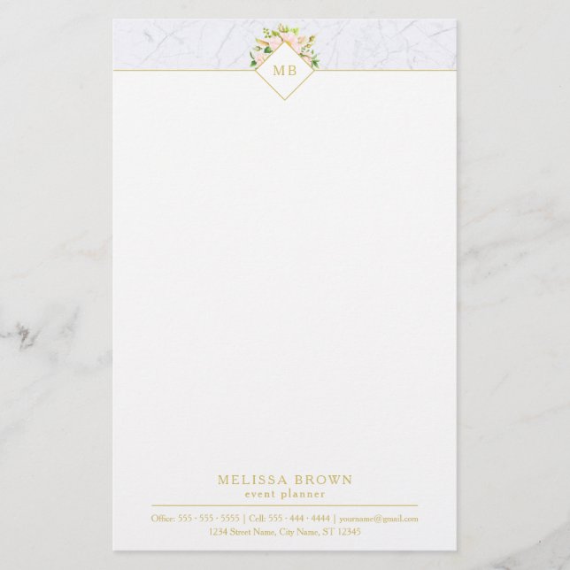 Elegant Floral Marble Chic Pastel Stationery (Front)