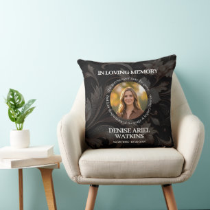 Elegant Floral Marble Memorial Remembrance Photo Cushion