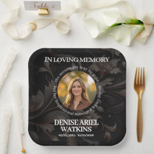 Elegant Floral Marble Memorial Remembrance Photo Paper Plate
