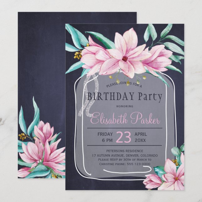 Elegant floral mason jar navy birthday party invitation (Front/Back)