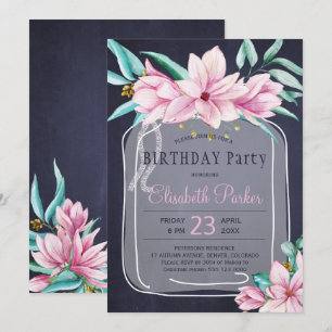 Elegant floral mason jar navy birthday party invitation