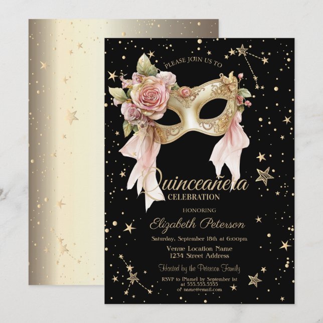 Elegant Floral Masque Stars Black Gold Quinceañera Invitation (Front/Back)