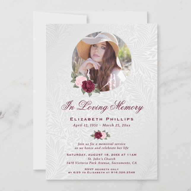 Elegant Floral Memorial Service Photo Invitation (Front)