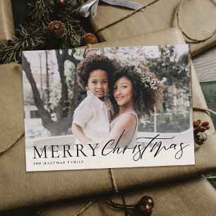 Elegant Floral Merry Christmas Black Ivory Photo  Holiday Card