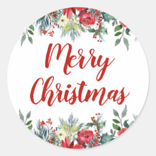 Elegant Floral Merry Christmas Classic Round Sticker
