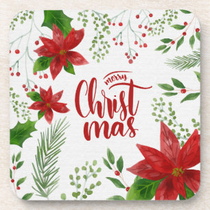 Elegant Floral Merry Christmas Coaster